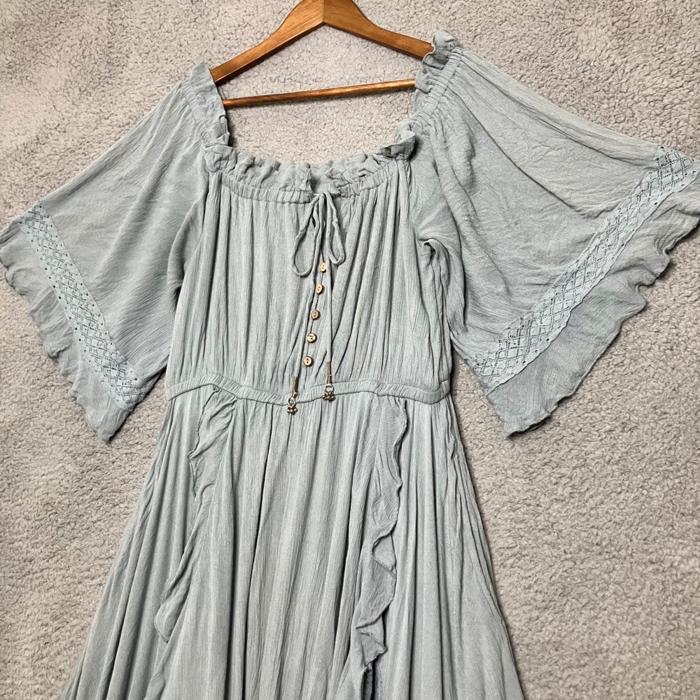 Free People Midi Dress Women Sz L Lace Off Shoulder Ruffles Ren Faire Ethereal - Picture 7 of 12